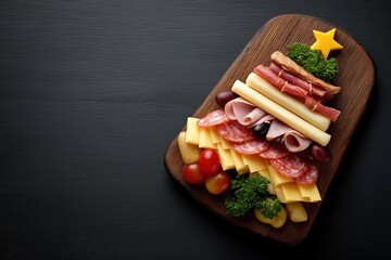 christmas tree-shaped charcuterie board with cheese, salami, and crackers on a dark wooden background with copy space for text