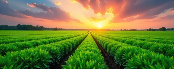 Vast expanse of lush green plantation land, rows of crops stretching to the horizon under a vibrant sky Perfect for agriculture, farming, and environmental themes , rural, abundant
