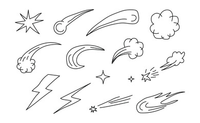 Hand drawn comet burst shooting stars clouds lightning and spark elements