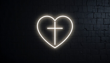 Neon Heart with Cross Symbol on Dark Brick Wall Modern Religious Light Art
