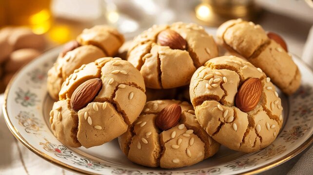 Delicious ghriba displayed on vintage plate, featuring almond and sesame seeds. Ghriba are traditional treats perfect for celebrations, events,