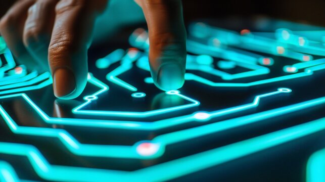 A hand interacts with glowing, intricate circuit board pathways