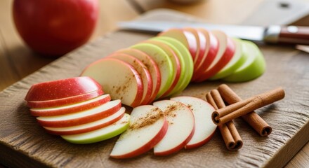 Sliced red and green apples with cinnamon sticks on a wooden cutting board, ready for cooking or snacking.