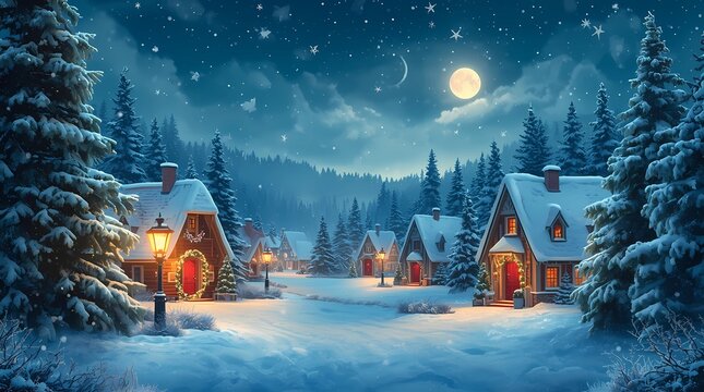 Winter wonderland christmas village scene snow covered houses trees landscape