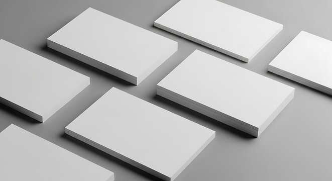 Multiple stacks of blank white business cards arranged diagonally on a plain grey background, ideal for branding and identity design