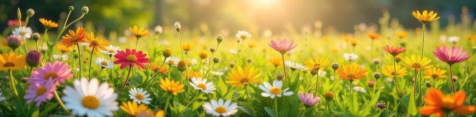 Vibrant wildflowers bloom in a sun-drenched meadow, creating a breathtaking tapestry of color and texture Perfect for nature, summer, and environmental themes , environment, colorful