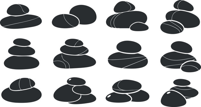 Minimalist black and white vector illustration of stacked stones representing balance and tranquility for wellness and spa design