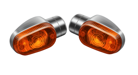 Two modern amber motorcycle indicator lights featuring sleek silver housings, providing crucial visibility for road safety, isolated on a clean transparent background