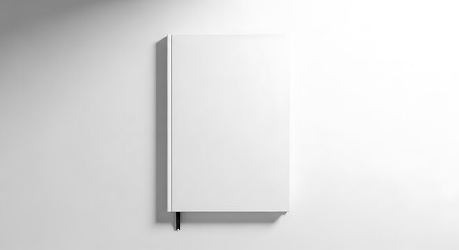 Blank white book or notebook mockup with a bookmark, lying flat on a clean white surface, ideal for custom cover designs and branding