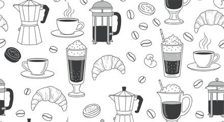 Obraz premium Seamless black and white pattern of hand-drawn coffee shop items including croissants coffee cups and beans for a cafe background.