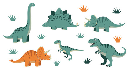 Obraz premium Adorable collection of six friendly cartoon dinosaurs including a T-Rex and Triceratops for cute prehistoric-themed children's designs.