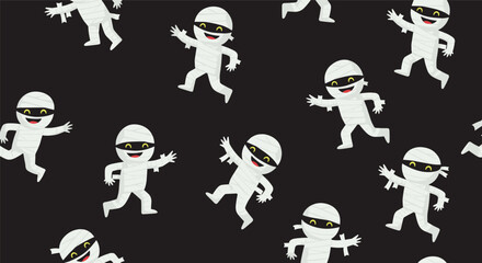 Fun and spooky seamless Halloween pattern with cute cartoon mummies running and waving on a solid black background for kids.