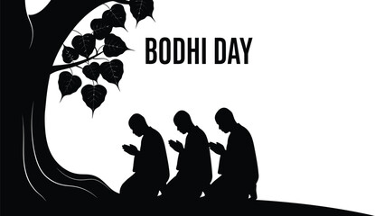 Silhouette of three Buddhist monks meditating under a bodhi tree with the text "Bodhi Day Illustration"