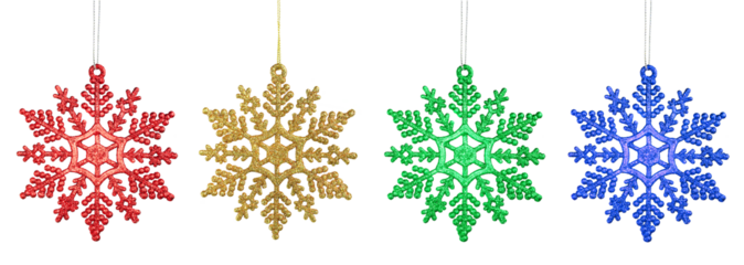 A set of four isolated colorful glitter snowflake christmas ornaments: red, gold, green, and blue.