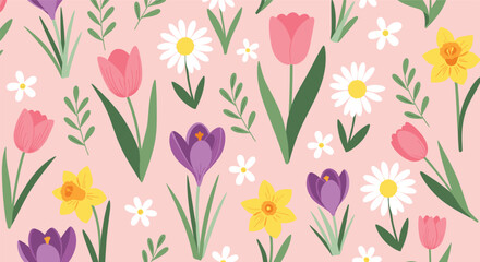 Delightful seamless spring floral pattern features colorful tulips daisies daffodils and crocuses on a lovely pink background.