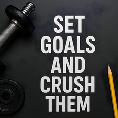 “Motivational Fitness Quote with Dumbbell on Dark Background – Set Goals and Crush Them”