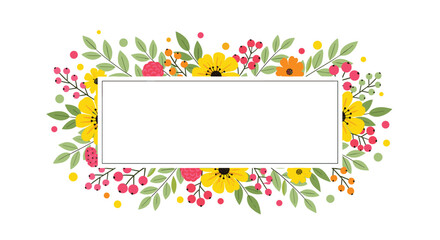 Rectangular white frame beautifully decorated with a border of colorful summer flowers berries and green leaves.
