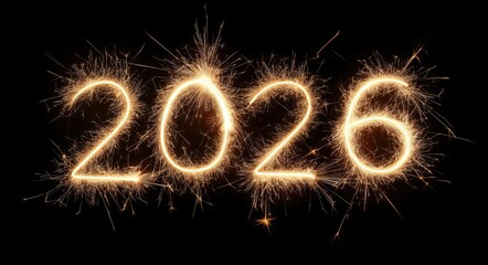 the number "2026" written in glowing sparklers on a dark background, a new year concept. isolated text with a burning effect for festive celebration design. a new year banner template.
