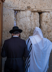 Ultra-religious orthodox males pray at the Western Wall, Jerusalem