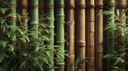 A detailed view of a bamboo fence with vibrant green foliage. The contrasting colors of the bamboo and leaves create a visually appealing scene