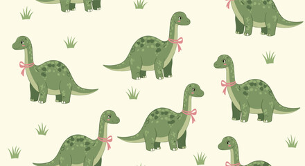 Obraz premium Adorable seamless pattern for children featuring cute green brachiosaurus dinosaurs with pink ribbons on their necks.