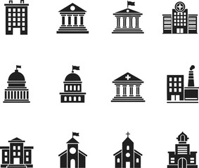 Collection of black and white building silhouette icons
