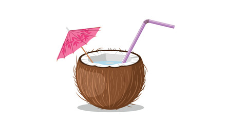 Tropical coconut cocktail drink served in a fresh coconut shell with a purple straw and a small pink paper umbrella.
