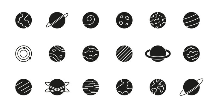Planetary And Celestial Bodies Solid Icon Set. Astronomy, Space Exploration and Cosmic Phenomena Silhouette Symbol Collection. Solar System And Universe. Isolated Vector Illustration