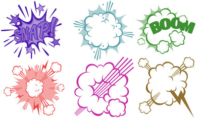 Colorful comic explosion set with various shapes on transparent background