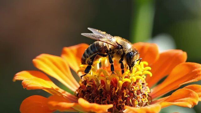 Closeup of a bee collecting pollen from an orange zinnia flower
