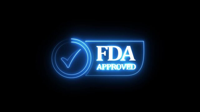 glowing neon FDA Approved icon Food and Drug Administration label. FDA Approved blue Check Mark icon. FDA Approval icon and Medical Research, Healthcare Regulation and Pharmaceutical Process.4k video