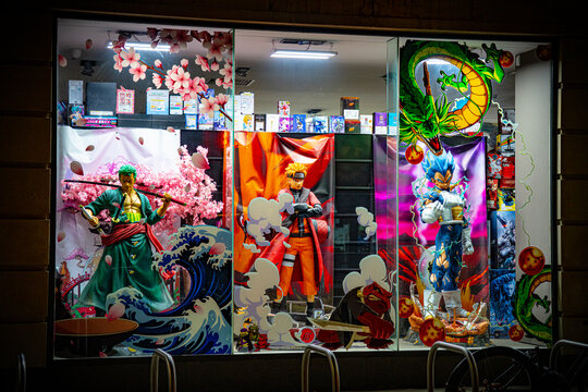 Animetal Store, Roronoa Zoro (One Piece Anime, Manga), Naruto Uzumaki, Dragon Ball Super Saiyan Blue Vegeta Character Window Display, Storefront, Shopfront, Shop, London, England - November 2025