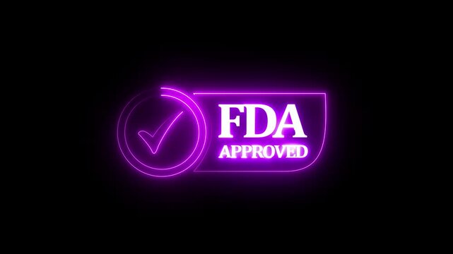 glowing neon FDA Approved icon Food and Drug Administration label. FDA Approved blue Check Mark icon. FDA Approval icon and Medical Research, Healthcare Regulation and Pharmaceutical Process.4k video
