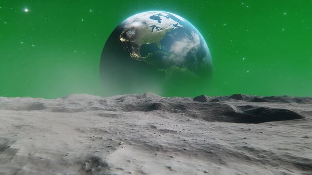 Earth on the moon's surface with green screen background, outer space environment