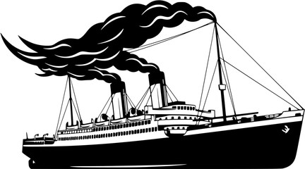 Illustration of a black and white steamship with smoke coming from the smokestack on a white background
