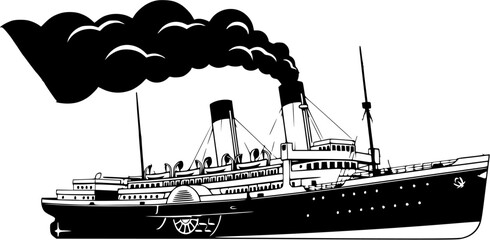 Illustration of a black and white steamship with smoke coming from the smokestack on a white background
