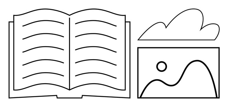 Open book with visible lines beside a framed landscape with mountain, sun, and cloud. Ideal for education, storytelling, creativity, imagination, learning art inspiration. Simple flat metaphor