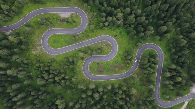 Aerial view of a winding road snakes through a dense green forest, a lone white car navigating the sharp turns, Cortina d'Ampezzo, Veneto, Italy.