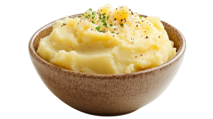 Bowl of mashed potatoes with herbs isolated on a transparent background