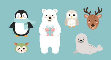 Cute Christmas Character Icons Santa, Reindeer, Elf, Snowman, and Polar Bear Illustrations