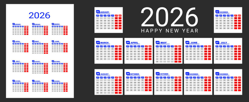2026 Monthly calendar 12 months template on white background. Minimalist design layout calendar week starts on sunday. Use for New year, business, print.