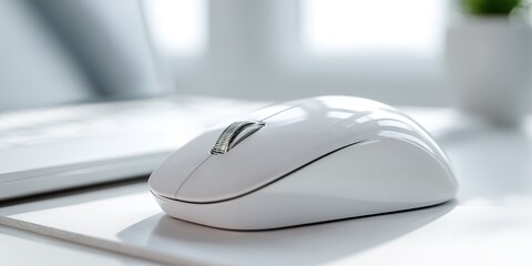 Elegant white computer mouse on a clean workspace providing a sleek and modern aesthetic for productivity