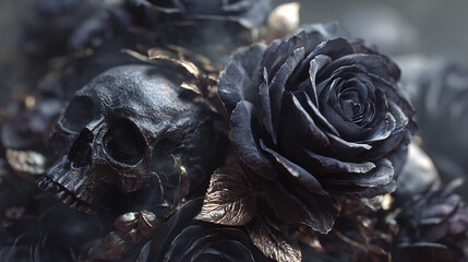 A macabre composition of black roses and a skull, creating a dark, gothic aesthetic. The arrangement evokes themes of mortality and beauty