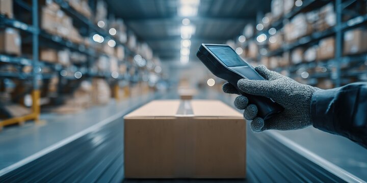 Worker scanning package with handheld device in a busy warehouse during the day