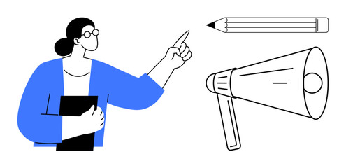 Woman holding document while pointing at a pencil and megaphone, symbolizing ideas, communication, creativity, education, marketing, leadership, and teamwork. Ideal for a simple flat metaphor
