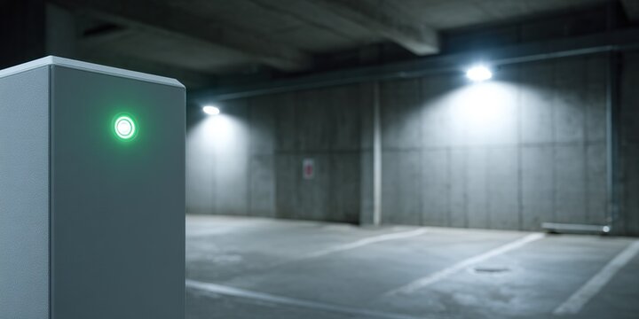Green light signals parking space availability in empty underground garage at night