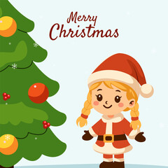 A smiling girl in a Santa dress and hat stands next to a decorated Christmas tree. Snowflakes fall around her, creating a cheerful and festive Christmas atmosphere.