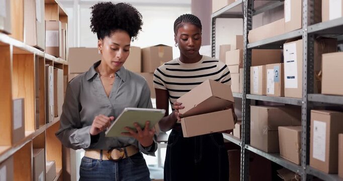 People, tablet and boxes in warehouse for logistics, inspection and inventory management. Women, digital and pointing to package for stock check, supply chain and checklist with distribution schedule