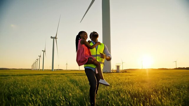 Engineer, father figure, loving couple strolling hand in hand through lush green field with wind turbines in background, symbolizing harmony between human connection and technological innovation.