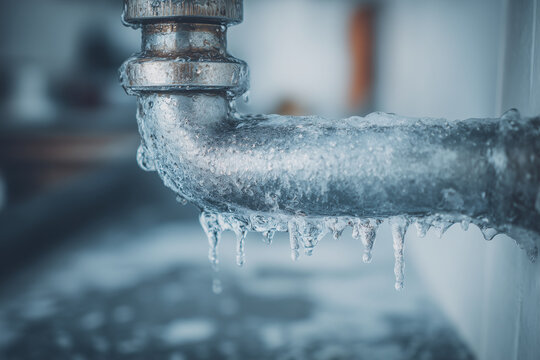 A pipe is covered in ice and frost